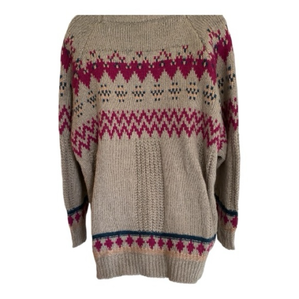 Gigio Oversized Mocha Fair Isle Knit Crewneck Sweater Size S - Picture 3 of 7